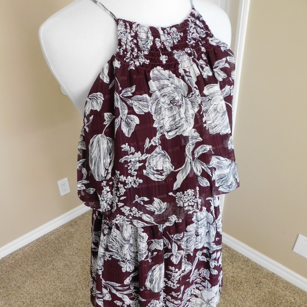 Maroon, Red, White Floral Halter Mini Sun Dress - Picture 2 of 6